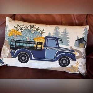 New Blue Fall Farm truck with pumpkins throw pillow